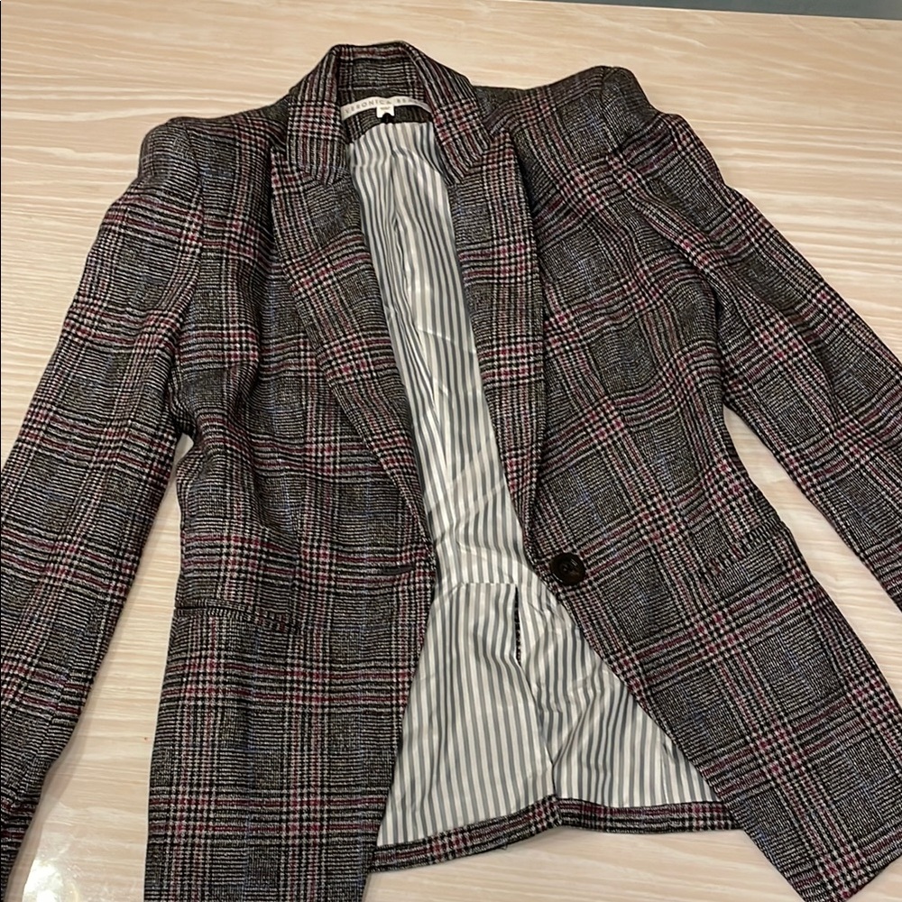 Veronica Beard Plaid Blazer with Pink and Gray Accents